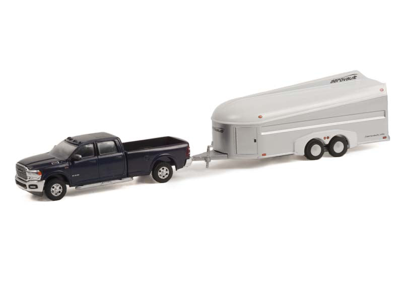 CHASE 2021 Ram 3500 Laramie Crew Cab Maximum Steel Metallic w/ Aerovault MKII Trailer (Hitch & Tow Series 24) Diecast 1:64 Scale Model - Greenlight 32240D