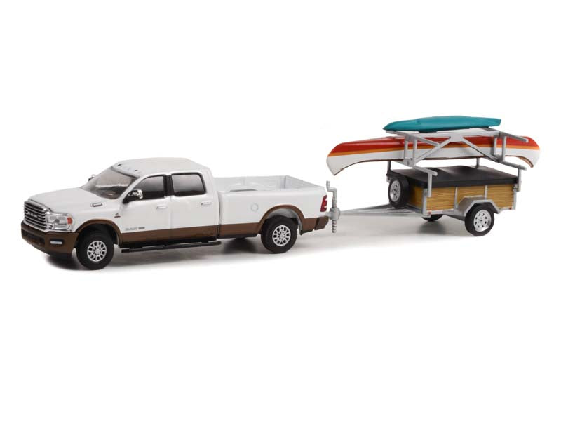 CHASE 2022 Ram 2500 Limited Longhorn Bright White w/ Canoe Trailer & Rack (Hitch & Tow Series 26) Diecast 1:64 Model - Greenlight 32260D