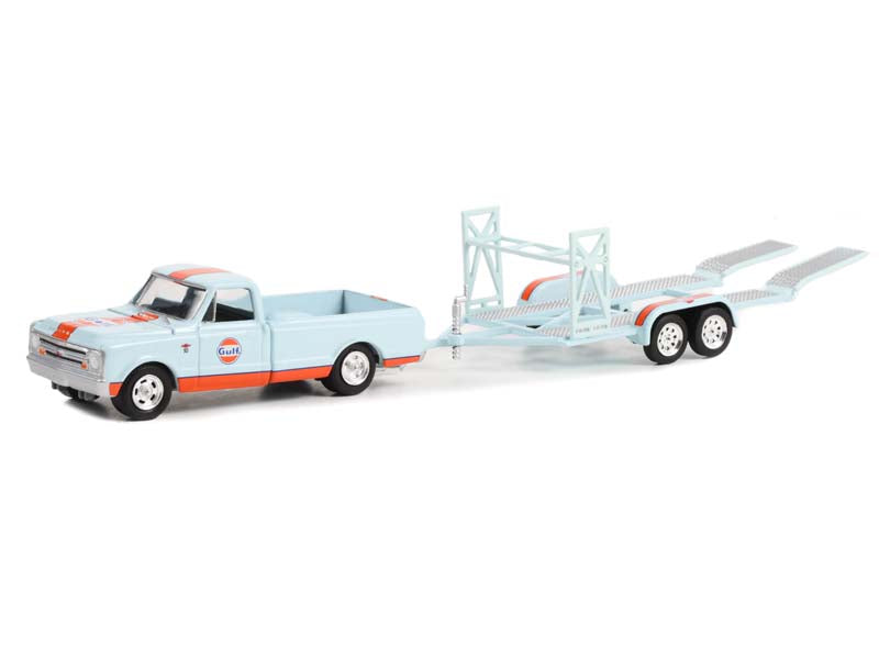 1968 Chevrolet C-10 Shortbed Gulf Oil and Tandem Car Trailer (Hitch & Tow) Series 27 Diecast 1:64 Scale Model - Greenlight 32270A