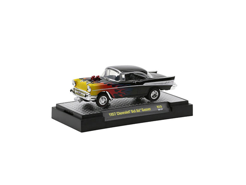 1957 Chevrolet Bel Air Gasser Black Pearl Metallic "Auto Meets" IN DISPLAY CASES Release 55 Limited Edition 1:64 Diecast Model - M2 Machines 32600-55