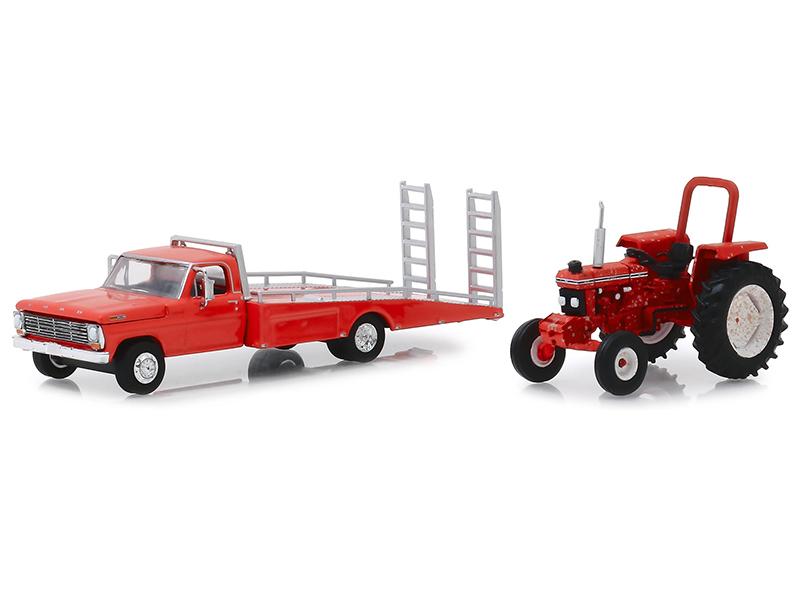 CHASE 1969 Ford F-350 Ramp Truck Red w/ 1985 Ford 5610 Tractor Red (Unrestored) "H.D. Trucks" Series 16 Diecast 1:64 Models - Greenlight 33160A