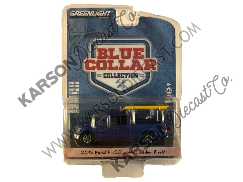 2015 Ford F-150 Pickup Truck w/ Ladder Rack, Blue 1:64 Scale Diecast Model - Greenlight - 35080E - CHASE GREEN MACHINE