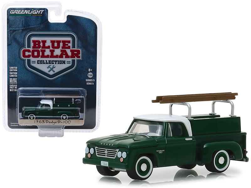 1963 Dodge D-100 Pickup Truck w/ Ladder Rack Green w/ White Top "Blue Collar Collection" Series 5 1:64 Diecast Model Car - Greenlight - 35120B