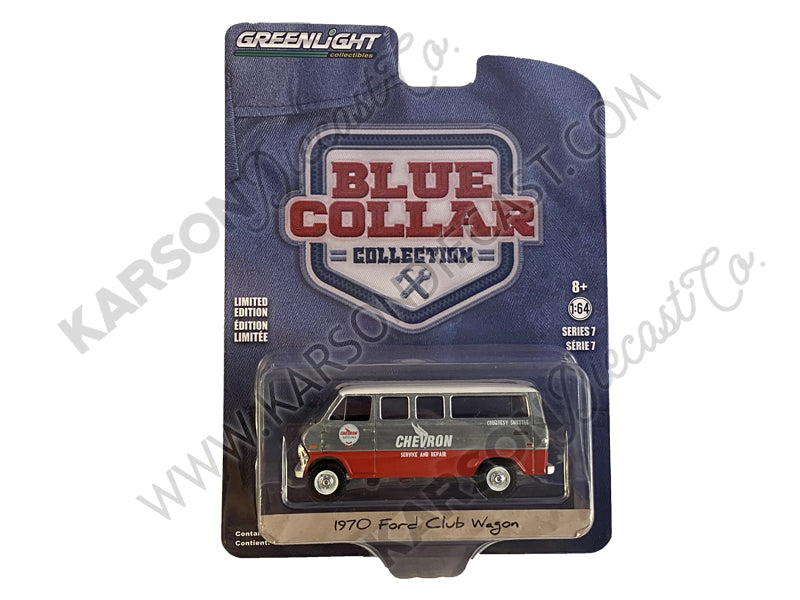 CHASE 1970 Ford Club Wagon Van "Chevron Service & Repair Courtesy Shuttle" Blue and Red with White Top "Blue Collar Collection" Series 7 Diecast 1:64 Model - Greenlight - 35160A