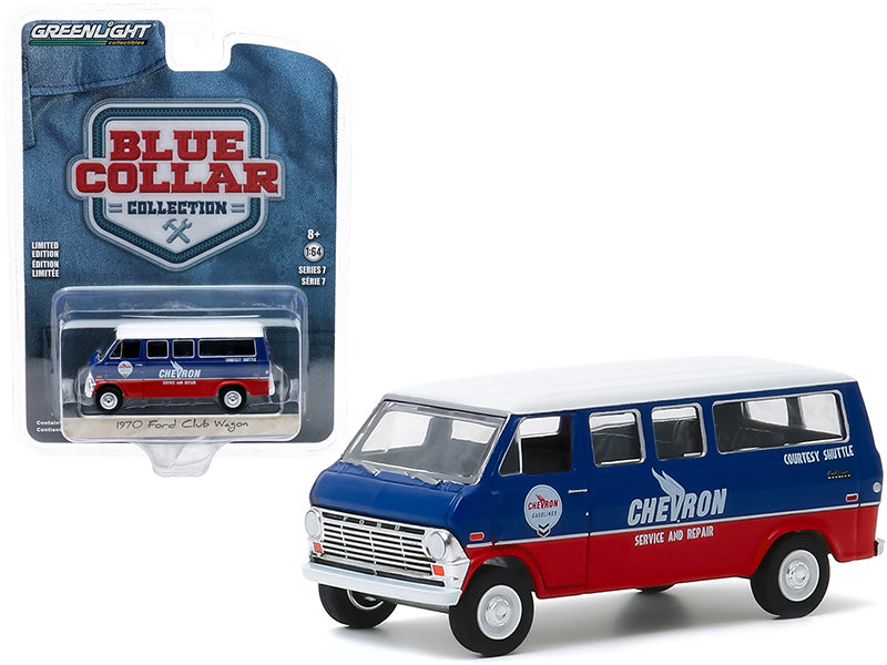 1970 Ford Club Wagon Van "Chevron Service & Repair Courtesy Shuttle" Blue and Red with White Top "Blue Collar Collection" Series 7 Diecast 1:64 Model - Greenlight - 35160A