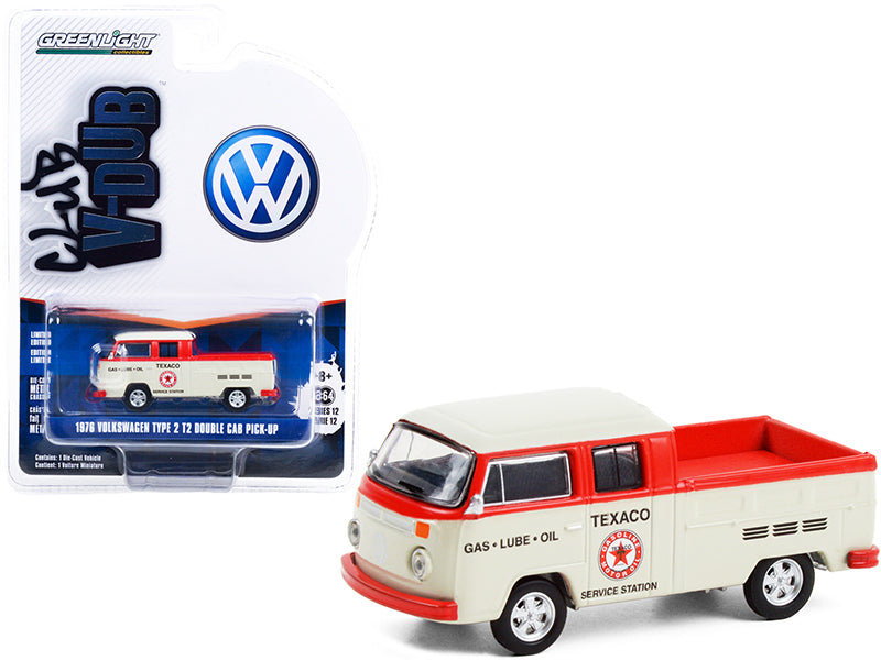 1976 Volkswagen T2 Type 2 Double Cab Pickup Truck "Texaco Service" Cream and Red "Club Vee V-Dub" Series 12 Diecast 1:64 Model Car - Greenlight 36020D