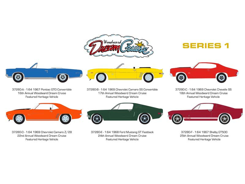 (Woodward Dream Cruise) Series 1 SET OF 6 Diecast 1:64 Scale Model Cars - Greenlight 37280