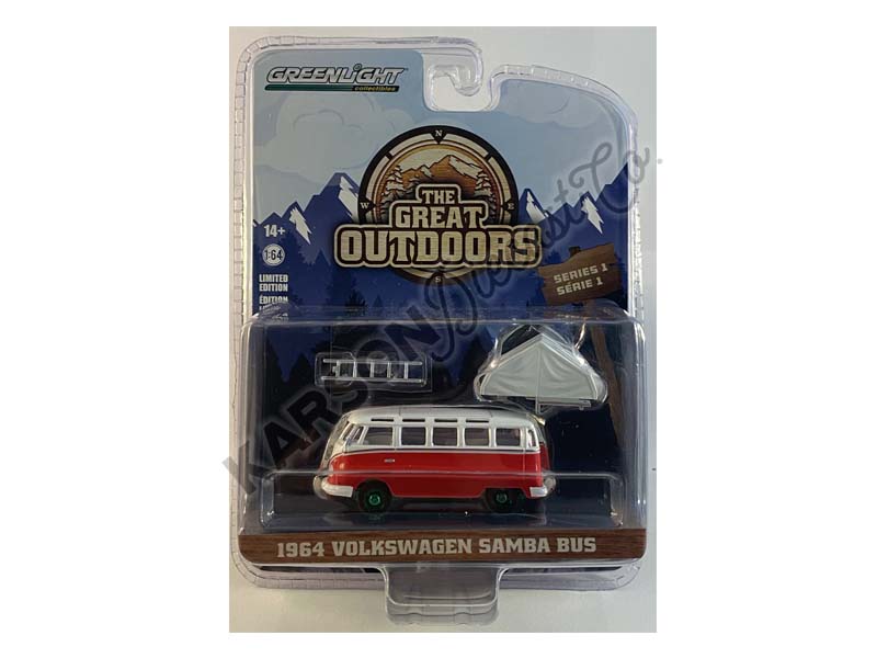 CHASE 1964 Volkswagen Samba Bus w/ Camp'otel Cartop Sleeper Tent (The Great Outdoors) Series 1 Diecast 1:64 Scale Model - Greenlight 38010A