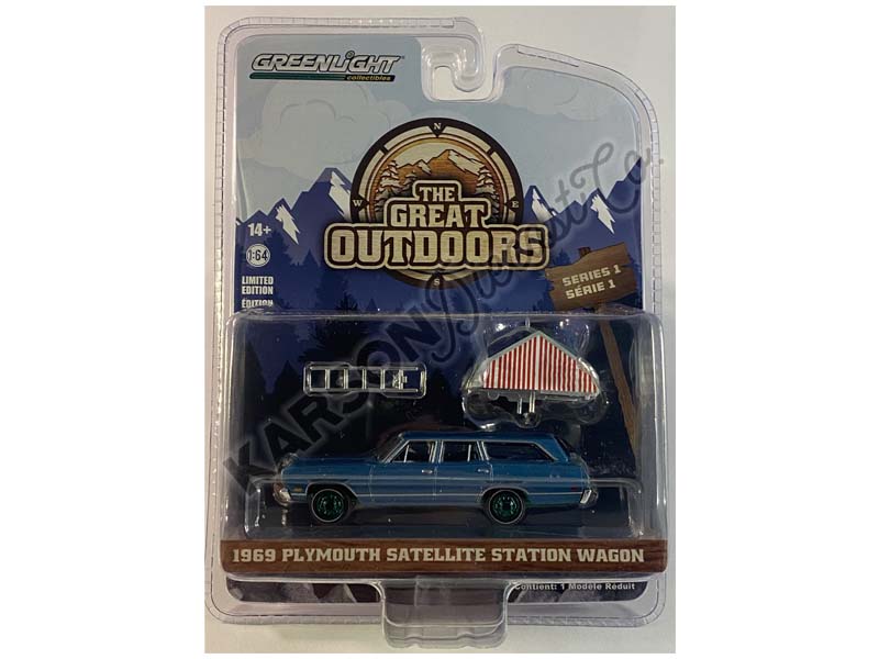 CHASE 1969 Plymouth Satellite Station Wagon w/ Camp'otel Cartop Sleeper Tent (The Great Outdoors) Series 1 Diecast 1:64 Scale Model - Greenlight 38010B