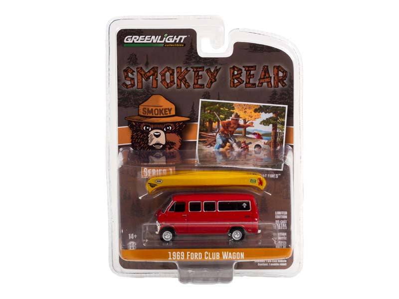 1969 Ford Club Wagon w/ Canoe on Roof - Care Will Prevent 9 Out Of 10 Forest Fires (Smokey Bear) Series 1 Diecast 1:64 Scale Model - Greenlight 38020D