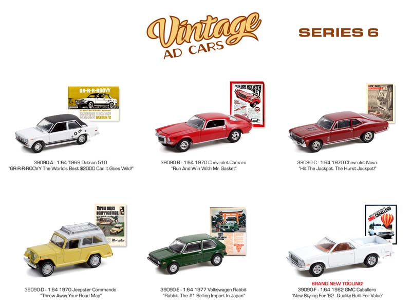 Vintage Ad Cars Series 6 SET OF 6 Diecast 1:64 Scale Models - Greenlight 39090