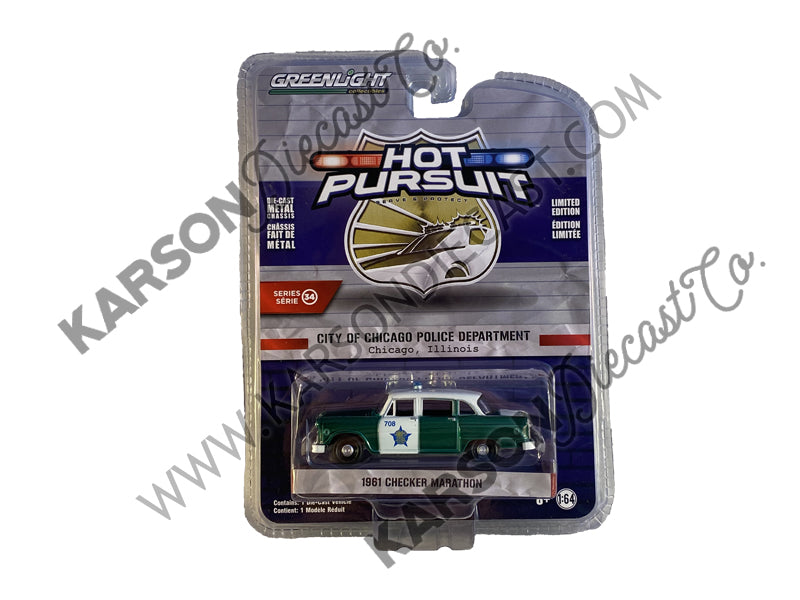 CHASE 1961 Checker Marathon Blue and White "City of Chicago Police Department" (Chicago, Illinois) "Hot Pursuit" Series 34 Model 1:64 Diecast - Greenlight - 42910B