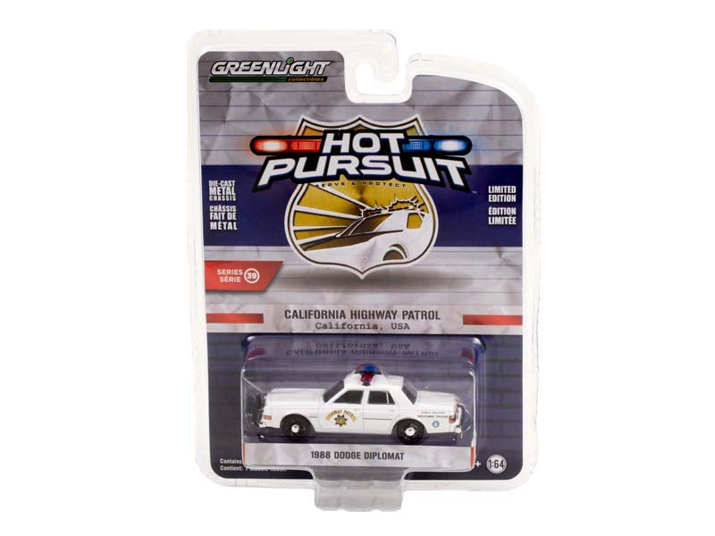 CHASE 1988 Dodge Diplomat - California Highway Patrol Vehicle Pollution Enforcement (Hot Pursuit) Series 39 Diecast 1:64 Scale Model - Greenlight 42970C