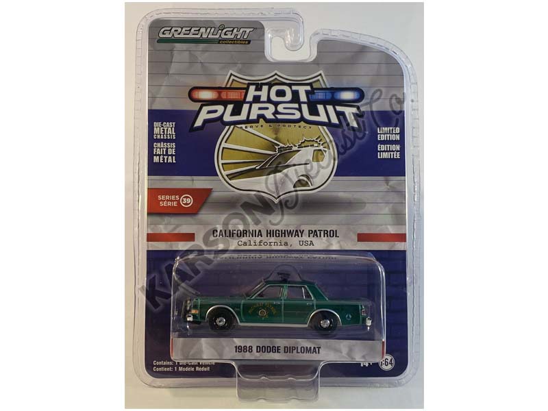 CHASE 1988 Dodge Diplomat - California Highway Patrol Vehicle Pollution Enforcement (Hot Pursuit) Series 39 Diecast 1:64 Scale Model - Greenlight 42970C