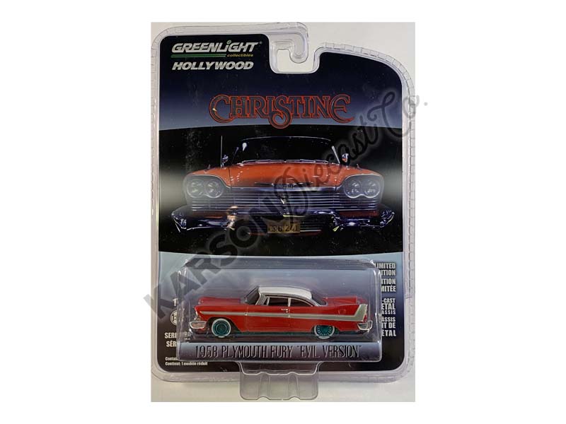 CHASE 1958 Plymouth Fury - Christine Evil Version w/ Blacked Out Windows (Hollywood) Series 24 Diecast 1:64 Scale Model Car - Greenlight 44840B