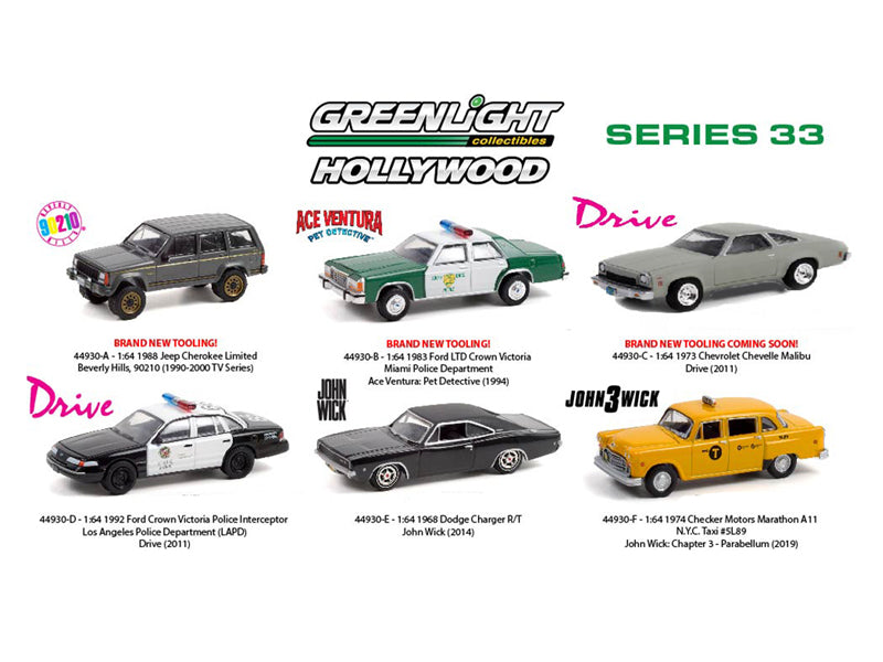 Hollywood Series 33 SET OF 6 Diecast 1:64 Scale Model Cars - Greenlight 44930