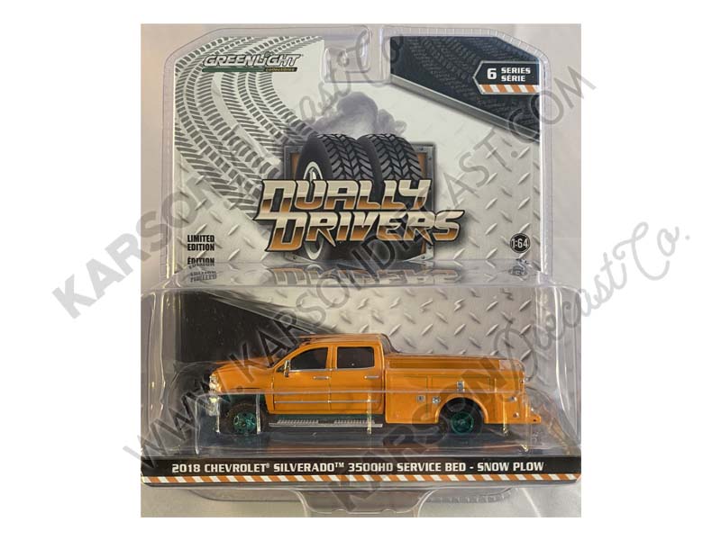 CHASE 2018 Chevrolet Silverado 3500 Dually Service Bed Tangier Orange w/ Snow Plow "Dually Drivers" Series 6 Diecast 1:64 Model - Greenlight 46060B