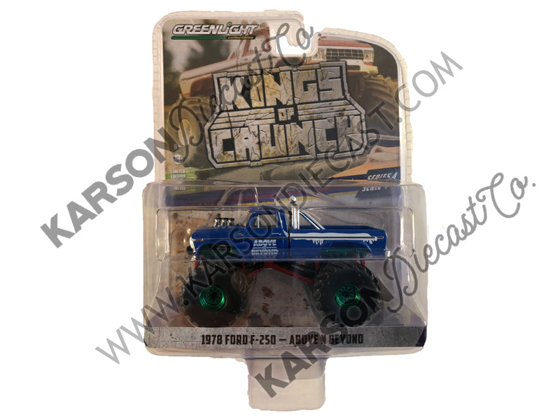 1978 Ford F-250 Monster Truck "Above N Beyond" Blue "Kings of Crunch" Series 4 1:64 Diecast Model Truck - Greenlight - 49040C - CHASE GREEN MACHINE