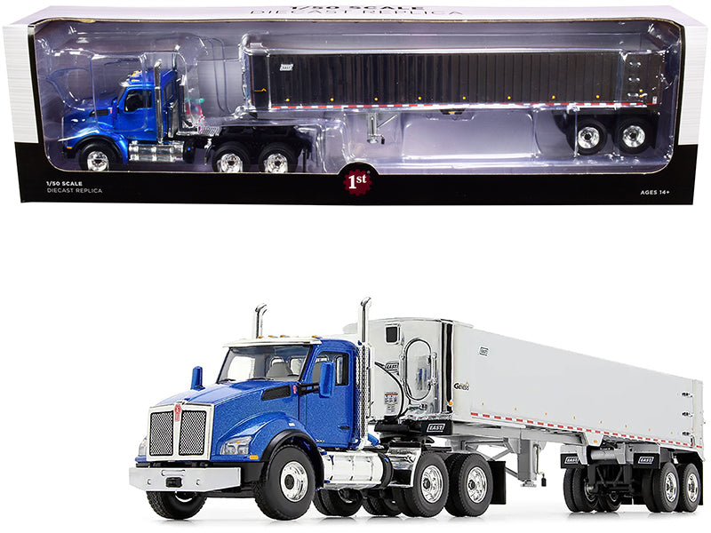 Kenworth T880 Day Cab with East Genesis End Dump Trailer Surf Blue Metallic and Chrome 1:50 Diecast Model - First Gear 50-3451