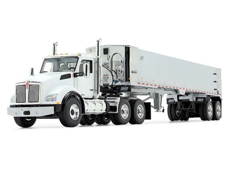 Kenworth T880 Day Cab w/ East Genesis End Dump Trailer - White and Chrome Diecast 1:50 Scale Model - First Gear 50-3454