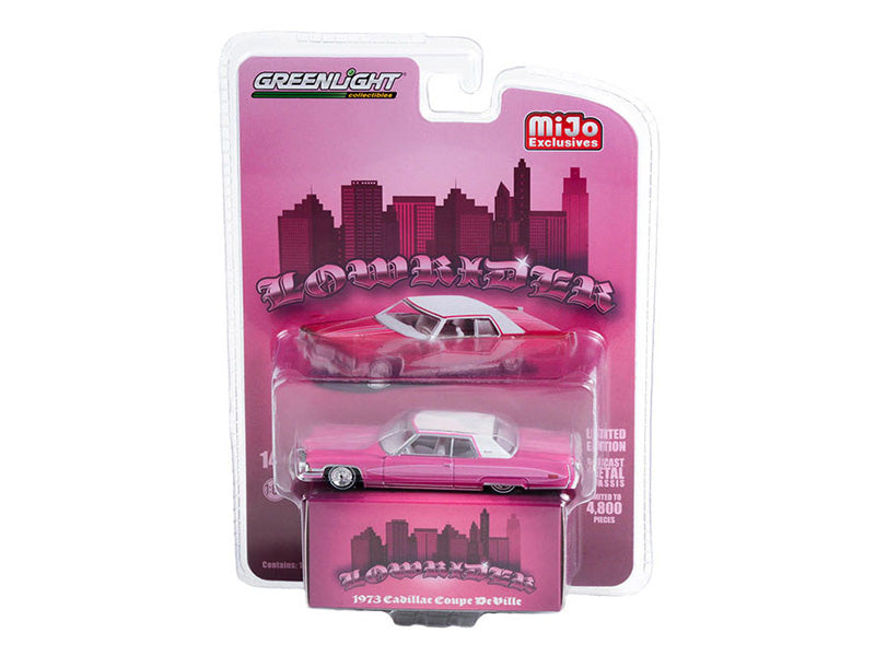 1973 Cadillac Coupe Deville Lowrider - Pink w/ White Top (MiJo Exclusives) Diecast 1:64 Model - Greenlight 51466