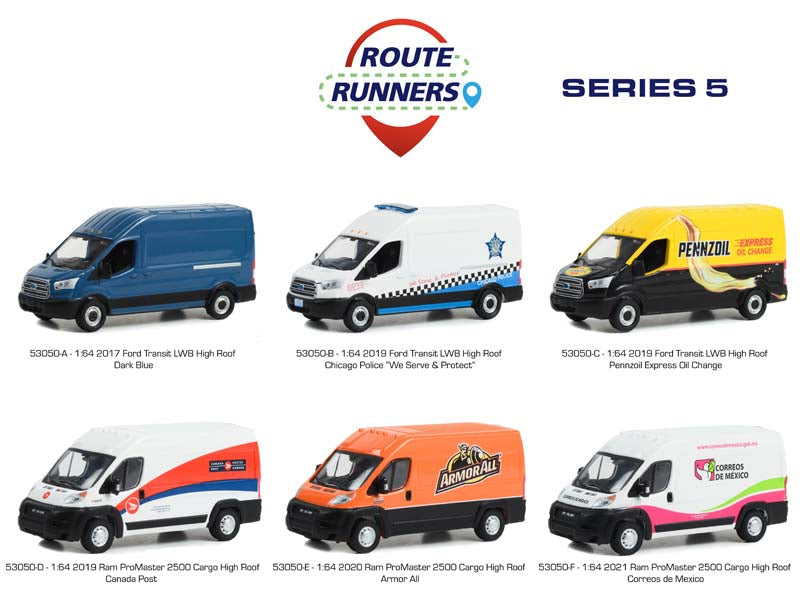 (Route Runners) Series 5 SET OF 6 Diecast 1:64 Scale Models - Greenlight 53050