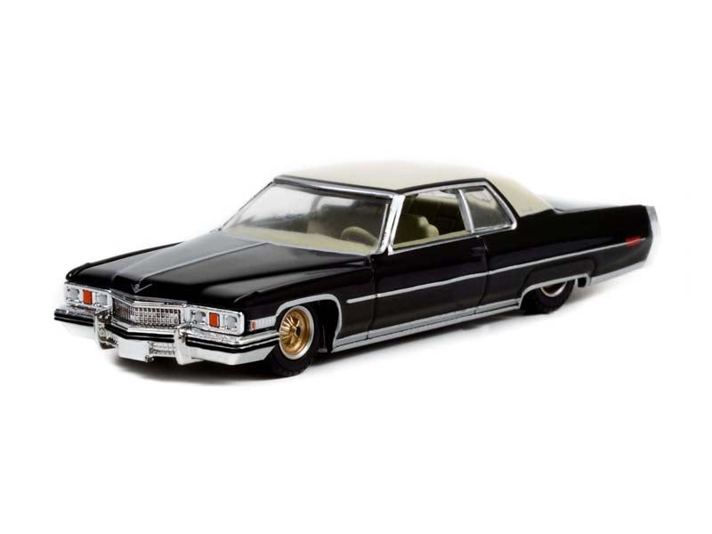 1973 Cadillac Coupe DeVille - Black w/ Gold Wheels "California Lowriders" Series 1 Diecast 1:64 Scale Model Cars - Greenlight 63010E