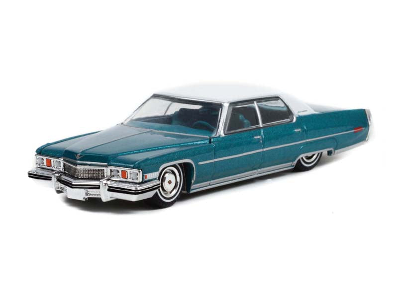 CHASE 1973 Cadillac Sedan deVille - Teal w/ White Roof "California Lowriders" Series 1 Diecast 1:64 Scale Model Cars - Greenlight 63010F