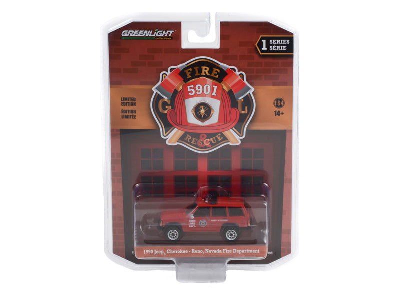CHASE 1990 Jeep Cherokee - Reno, Nevada Fire Department (Fire & Rescue) Series 1 Diecast 1:64 Scale Model Truck - Greenlight 67010D