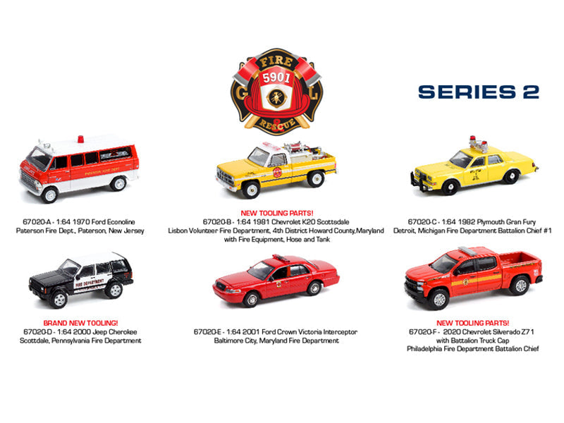Fire & Rescue Series 2 SET OF 6 Diecast 1:64 Scale Model Cars - Greenlight 67020