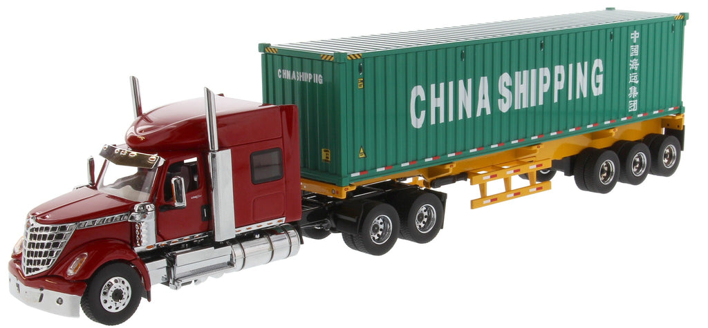 International Lone Star SFFA Tandem w/ 72" Sleeper - 40' Skeletal Trailer w/ 40' China Shipping Dry Goods Sea Container 1:50 - Diecast Masters 71045