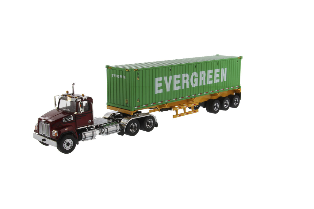 Wester Star 4700SFFA Tandem Day Cab w/ 40' Skelatal Trailer & Evergreen Dry Goods Sea Container 1:50 Scale Model - Diecast Master 71049