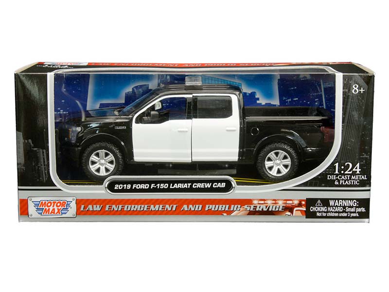 Ford F-150 Lariat Crew Cab w/ Lightbar - Black w/ white doors (Law Enforcement and Public Service) Diecast 1:24 Model Truck - Motormax 76981BKWH