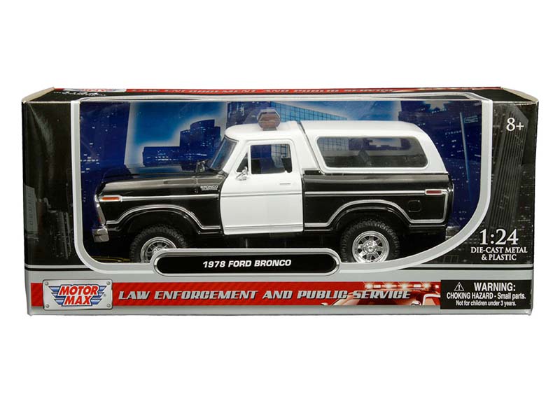 1978 Ford Bronco Custom w/ Lightbar - Black and White Two-tone (Law Enforcement and Public Service) Diecast 1:24 Model Truck - Motormax 76983BKWH