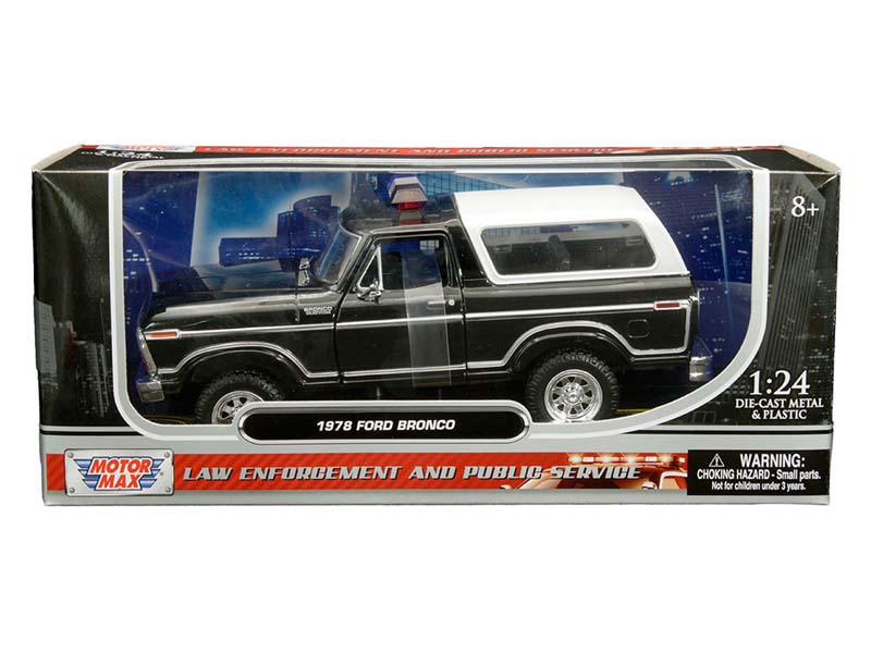 1978 Ford Bronco Custom w/ Lightbar - Black w/ white cover (Law Enforcement and Public Service) Diecast 1:24 Model Truck - Motormax 76983BK