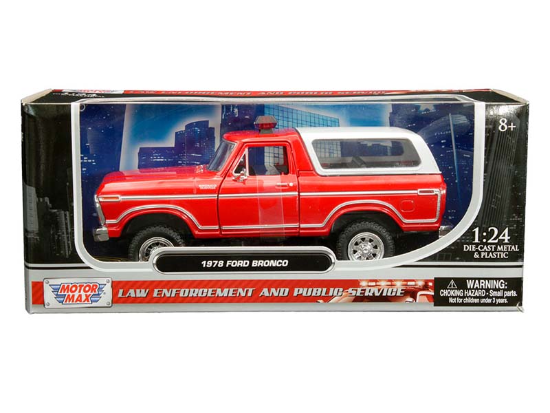1978 Ford Bronco Custom w/ Lightbar - Red w/ white cover (Law Enforcement and Public Service) Diecast 1:24 Model Truck - Motormax 76983RD