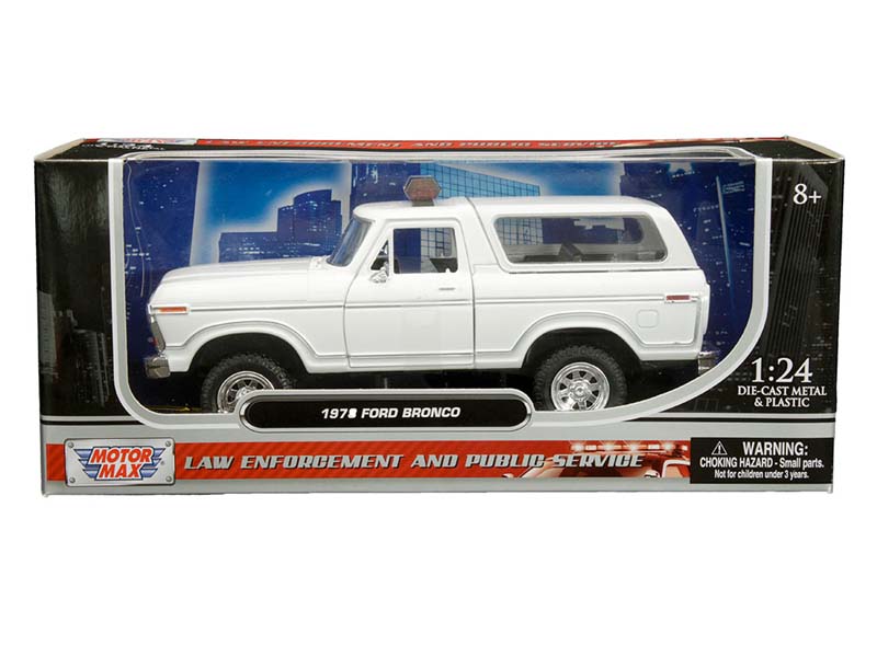 1978 Ford Bronco Custom w/ Lightbar - White (Law Enforcement and Public Service) Diecast 1:24 Model Truck - Motormax 76983WH
