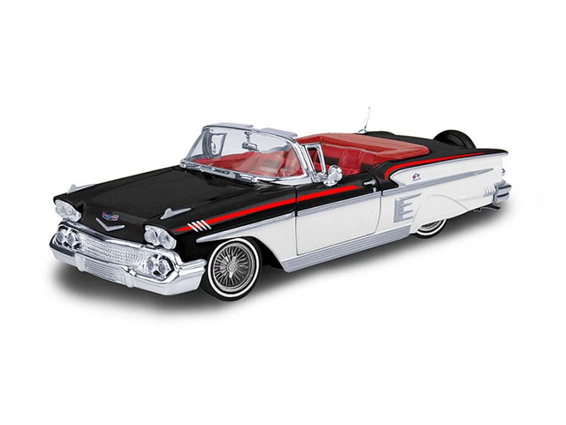 1958 Chevrolet Impala Convertible Lowrider - Black and White Two-tone (Get Low) Diecast 1:24 Scale Model - Motormax 79025WHB