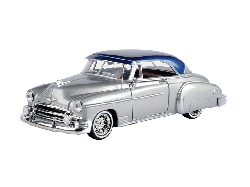 1950 Chevrolet Bel Air Lowrider - Silver w/ Blue Top (Get Low) Diecast 1:24 Scale Model - Motormax 79026SIL