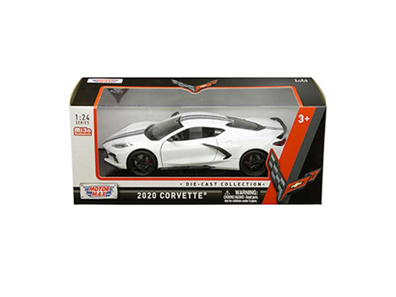 2020 Chevrolet Corvette C8 Stingray - White w/ Gray Stripes (Timeless Legends) Diecast 1:24 Scale Model - Motormax 79360WH