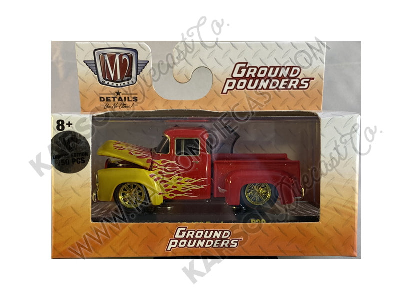 CHASE 1956 Ford F-100 Pickup Truck Bright Red with Bright Yellow Flames "Ground Pounders" Release 20 in Display Case 1:64 Diecast Model Cars - M2 Machines 82161-20