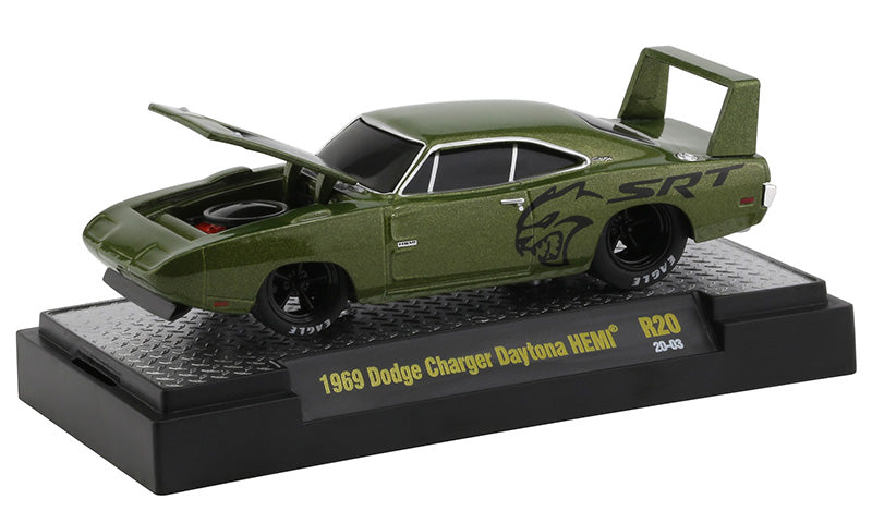 1969 Dodge Charger Daytona HEMI Green Metallic with Black Graphics "Ground Pounders" Release 20 in Display Case 1:64 Diecast Model Cars - M2 Machines 82161-20