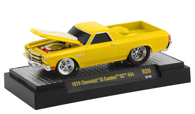1970 Chevrolet El Camino SS 454 Bright Yellow with White Stripes "Ground Pounders" Release 20 in Display Case 1:64 Diecast Model Cars - M2 Machines 82161-20