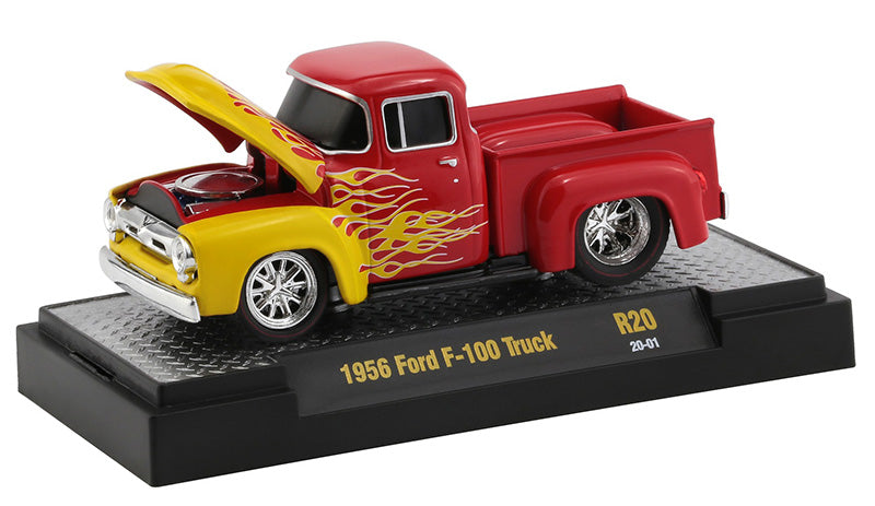 1956 Ford F-100 Pickup Truck Bright Red with Bright Yellow Flames "Ground Pounders" Release 20 in Display Case 1:64 Diecast Model Cars - M2 Machines 82161-20