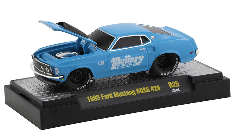 1969 Ford Mustang BOSS 429 Blue with White Graphics "Ground Pounders" Release 20 in Display Case 1:64 Diecast Model Cars - M2 Machines 82161-20