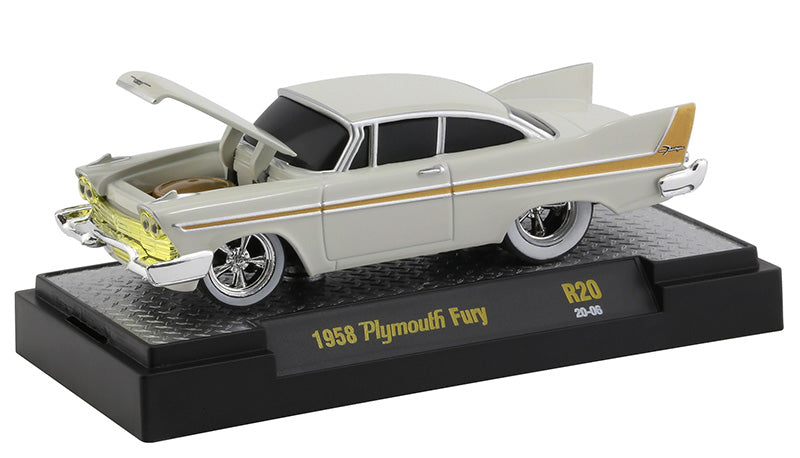 1958 Plymouth Fury Iceberg White with Gold Stripes "Ground Pounders" Release 20 in Display Case 1:64 Diecast Model Cars - M2 Machines 82161-20