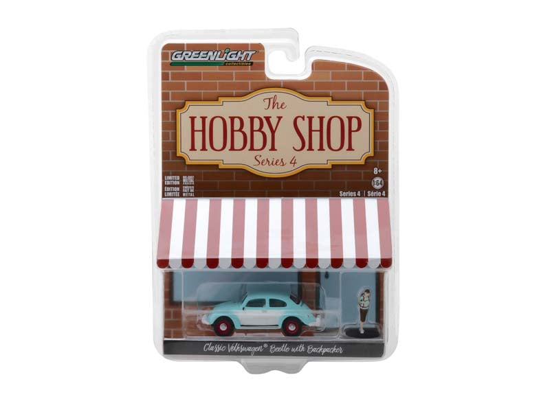Classic Volkswagen Beetle w/ Backpacker "The Hobby Shop" Series 4 Diecast 1:64 Scale Model - Greenlight 97040F