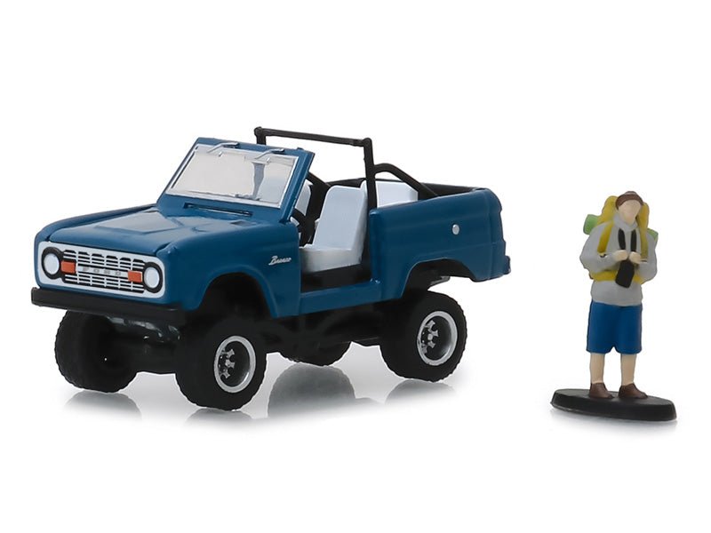 1967 Ford Bronco Dark Blue (Doors Removed) w/ Backpacker Figure (The Hobby Shop Series 6) Diecast 1:64 Scale Model - Greenlight 97060B