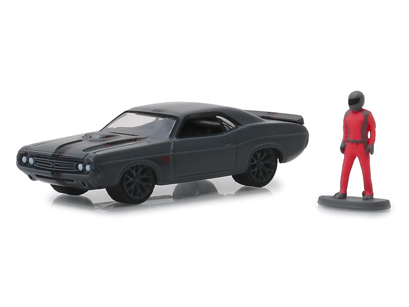 1971 Dodge Challenger Shakedown Tribute Metallic Gray w/ Race Car Driver Figure (The Hobby Shop Series 6) Diecast 1:64 Scale Model - Greenlight 97060D