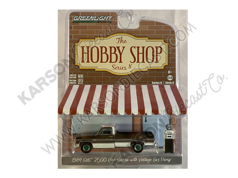CHASE 1984 GMC 2500 High Sierra Pickup Truck Brown Metallic and White and Vintage Gas Pump "The Hobby Shop" Series 8 Diecast 1:64 Model - Greenlight - 97080D